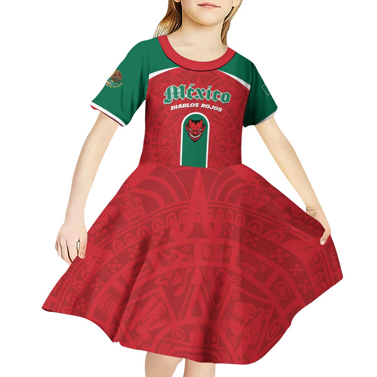 Custom Baseball Mexico Diablos Rojos Kid Short Sleeve Dress Red Devils Aztec Pattern