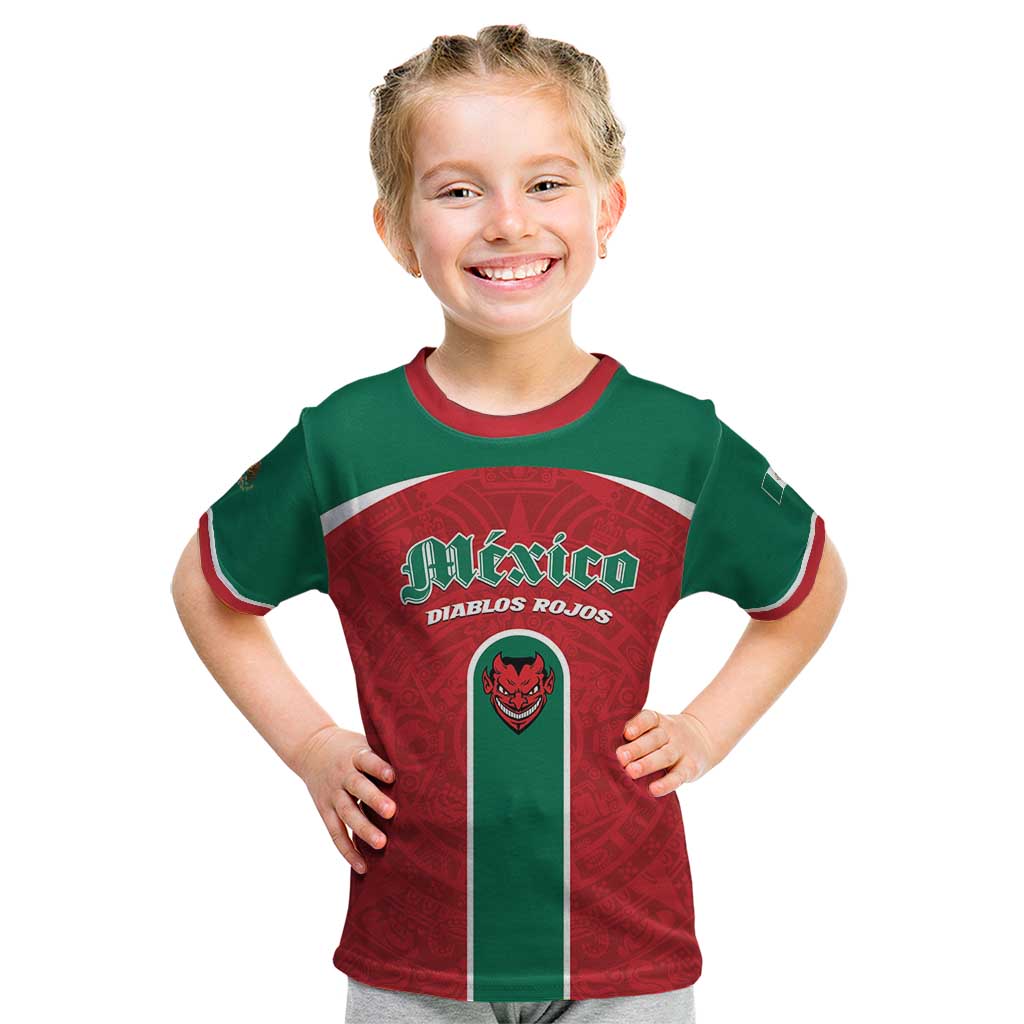 Custom Baseball Mexico Diablos Rojos Kid T Shirt Red Devils Aztec Pattern
