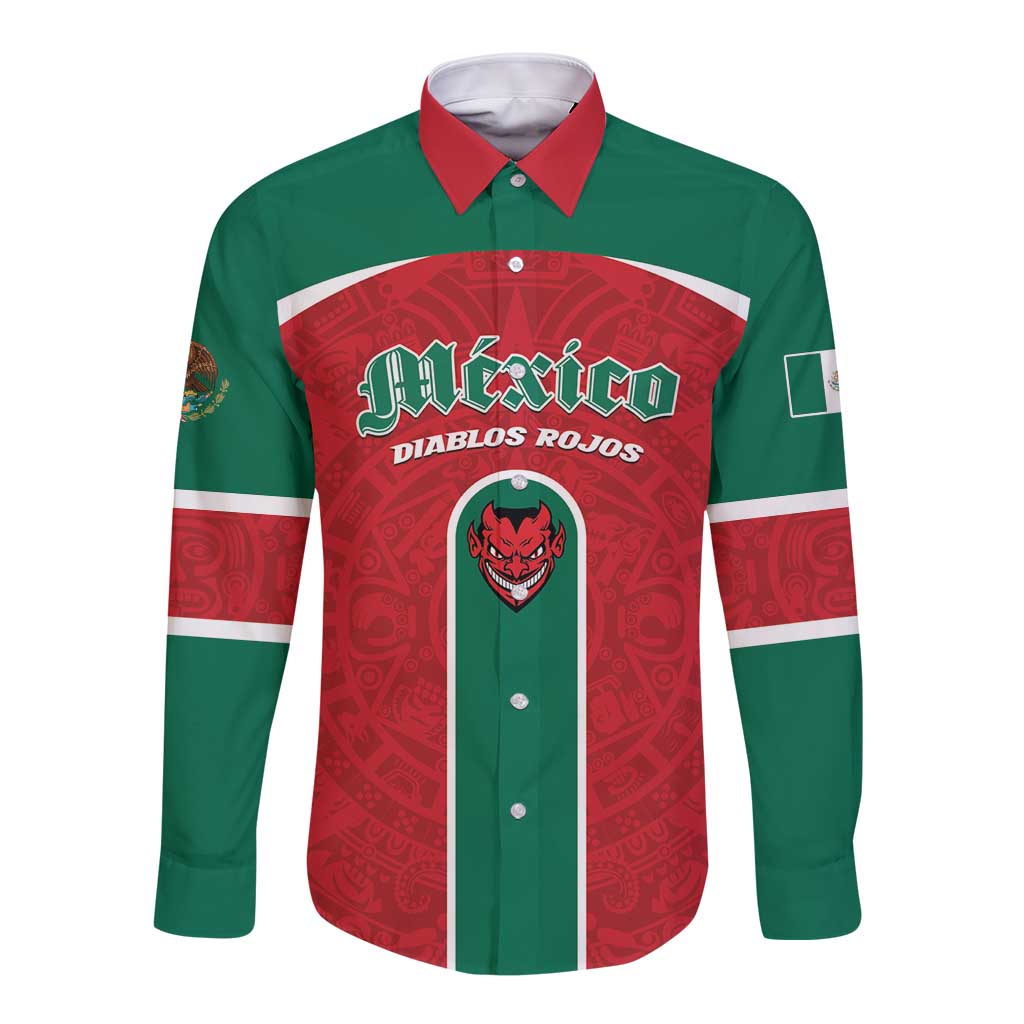 Custom Baseball Mexico Diablos Rojos Long Sleeve Button Shirt Red Devils Aztec Pattern