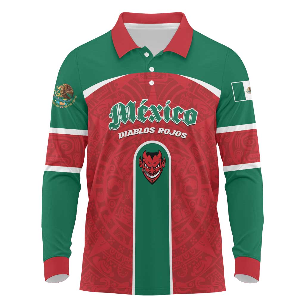 Custom Baseball Mexico Diablos Rojos Long Sleeve Polo Shirt Red Devils Aztec Pattern