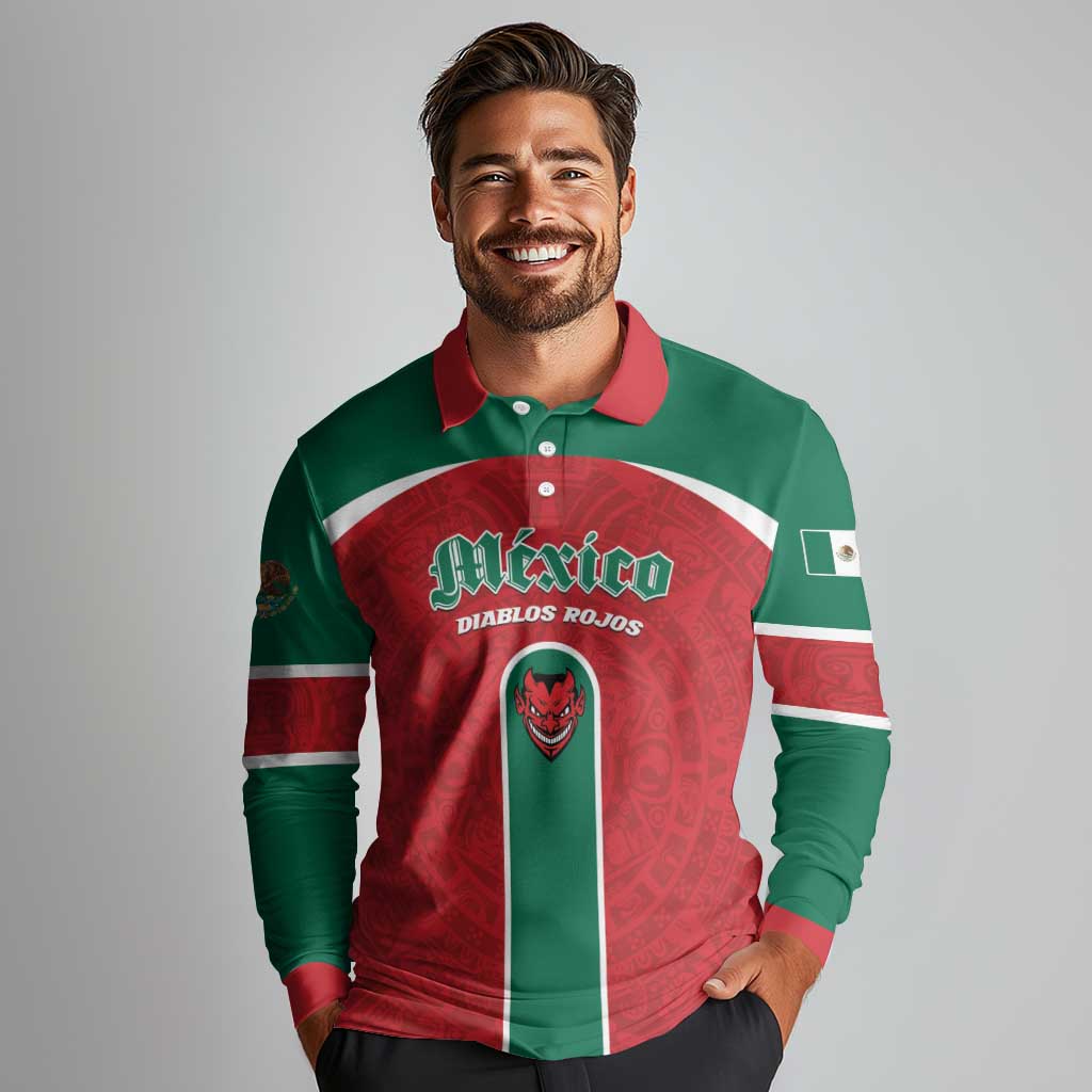 Custom Baseball Mexico Diablos Rojos Long Sleeve Polo Shirt Red Devils Aztec Pattern