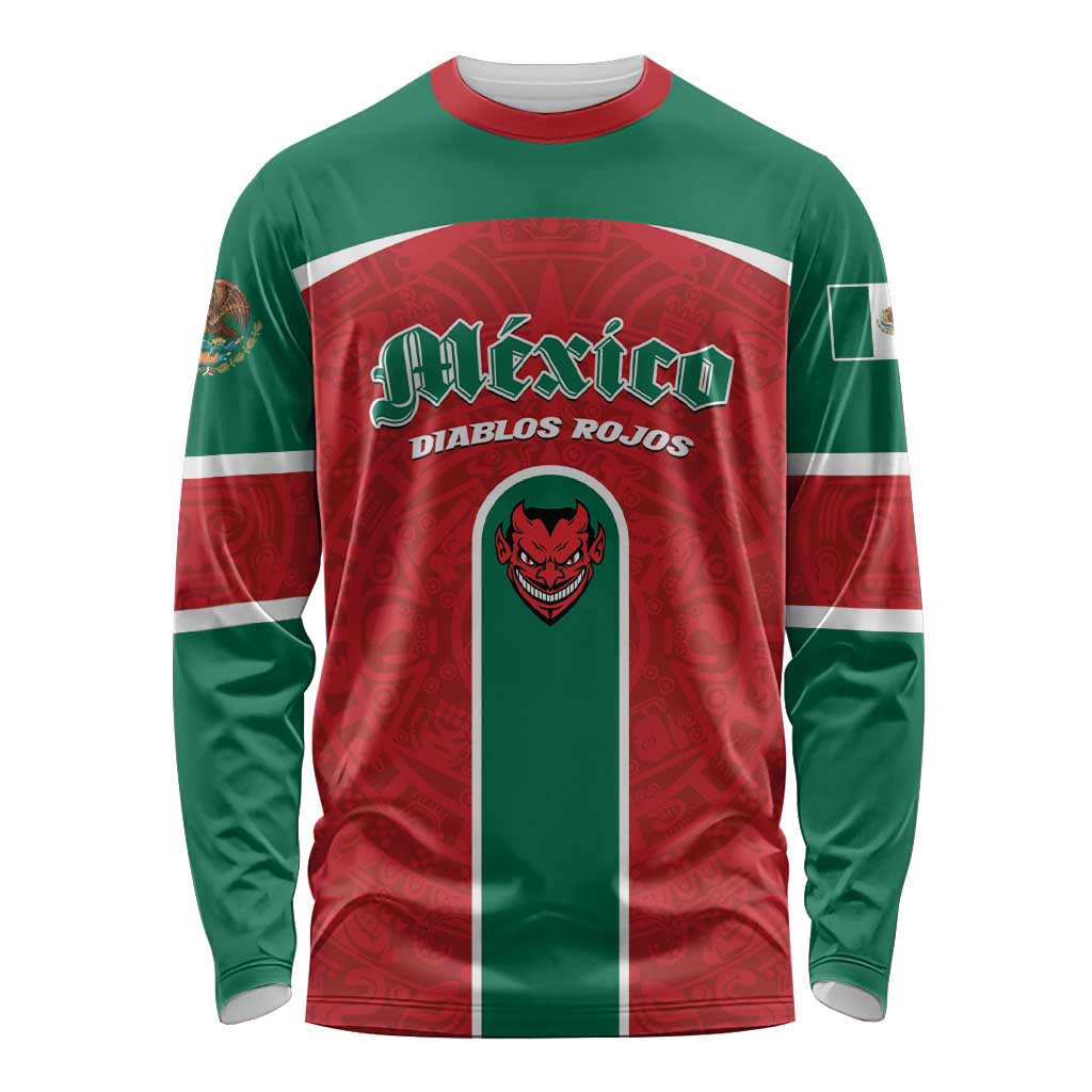 Custom Baseball Mexico Diablos Rojos Long Sleeve Shirt Red Devils Aztec Pattern