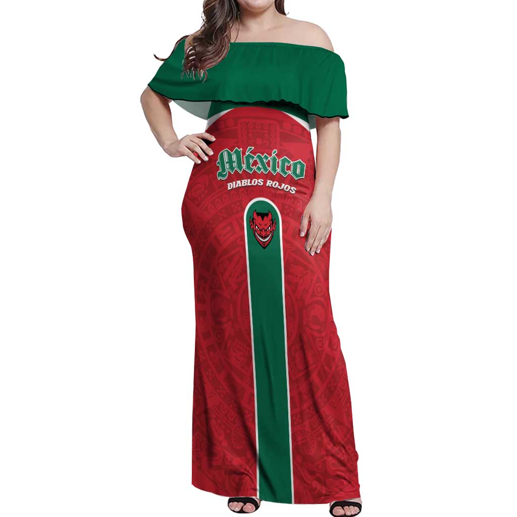 Custom Baseball Mexico Diablos Rojos Off Shoulder Maxi Dress Red Devils Aztec Pattern