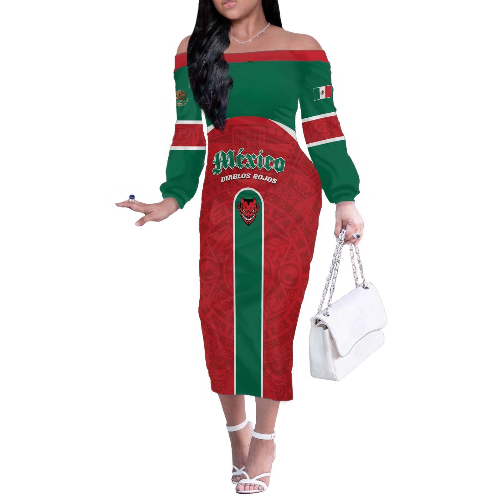 Custom Baseball Mexico Diablos Rojos Off The Shoulder Long Sleeve Dress Red Devils Aztec Pattern