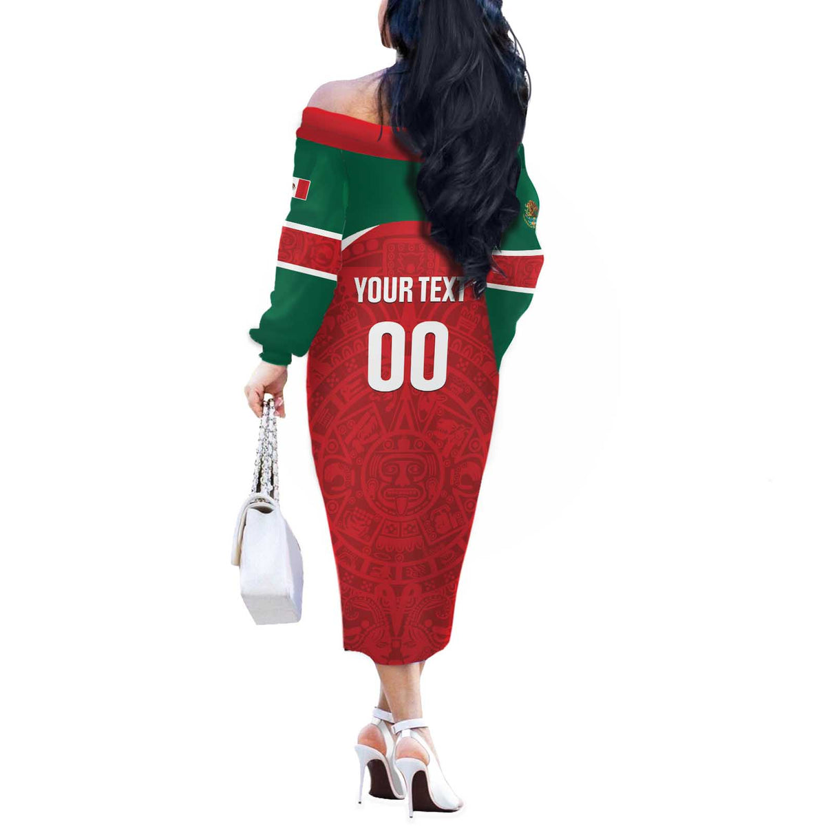 Custom Baseball Mexico Diablos Rojos Off The Shoulder Long Sleeve Dress Red Devils Aztec Pattern