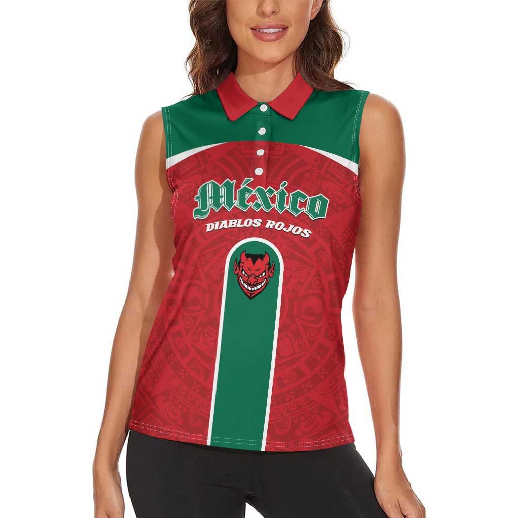Custom Baseball Mexico Diablos Rojos Women Sleeveless Polo Shirt Red Devils Aztec Pattern
