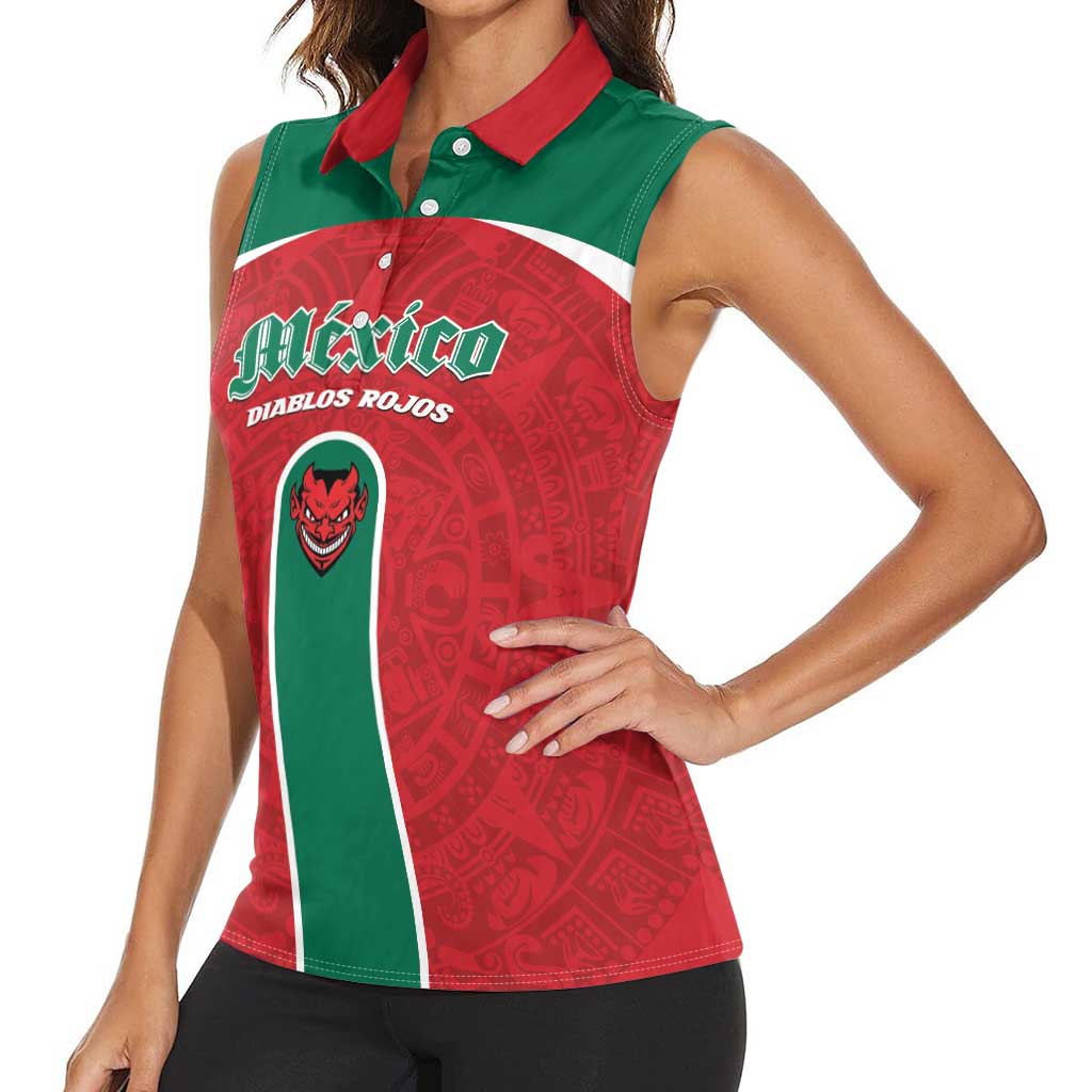 Custom Baseball Mexico Diablos Rojos Women Sleeveless Polo Shirt Red Devils Aztec Pattern