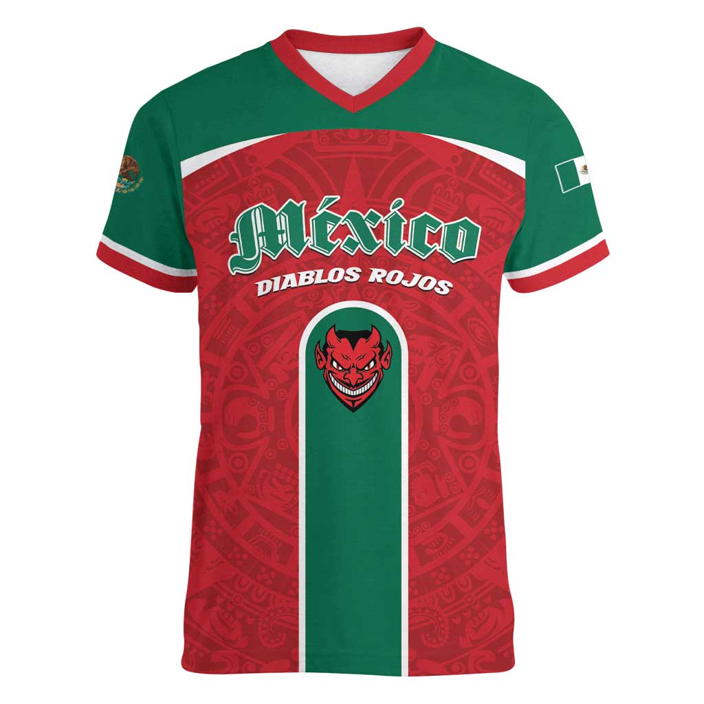 Custom Baseball Mexico Diablos Rojos Women V-Neck T-Shirt Red Devils Aztec Pattern