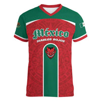 Custom Baseball Mexico Diablos Rojos Women V-Neck T-Shirt Red Devils Aztec Pattern