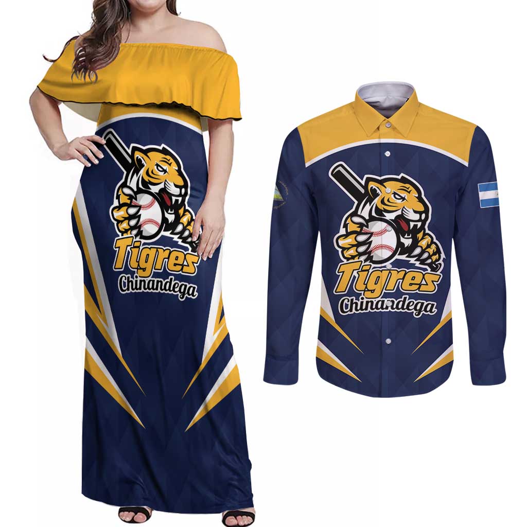 Custom Baseball Tigres Chinandega Couples Matching Off Shoulder Maxi Dress and Long Sleeve Button Shirt Go Nicaragua Boys