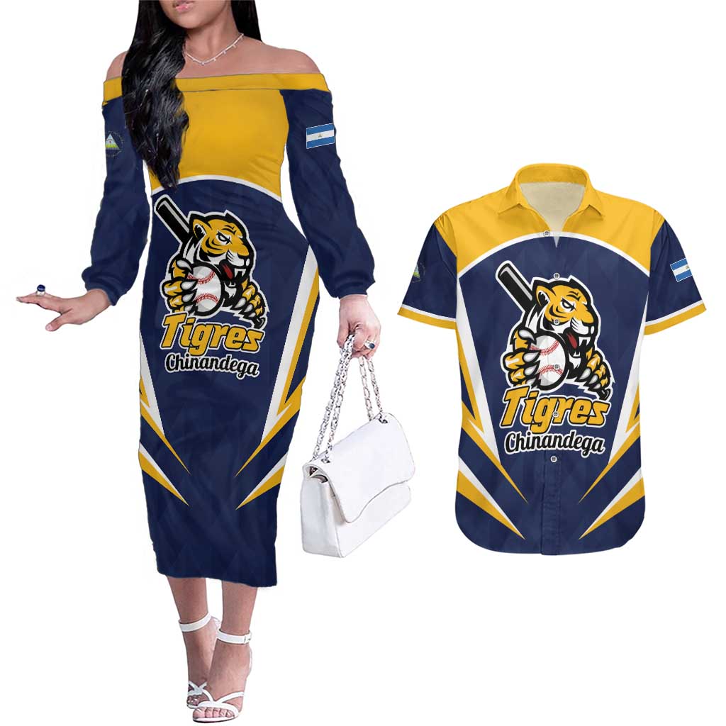 Custom Baseball Tigres Chinandega Couples Matching Off The Shoulder Long Sleeve Dress and Hawaiian Shirt Go Nicaragua Boys