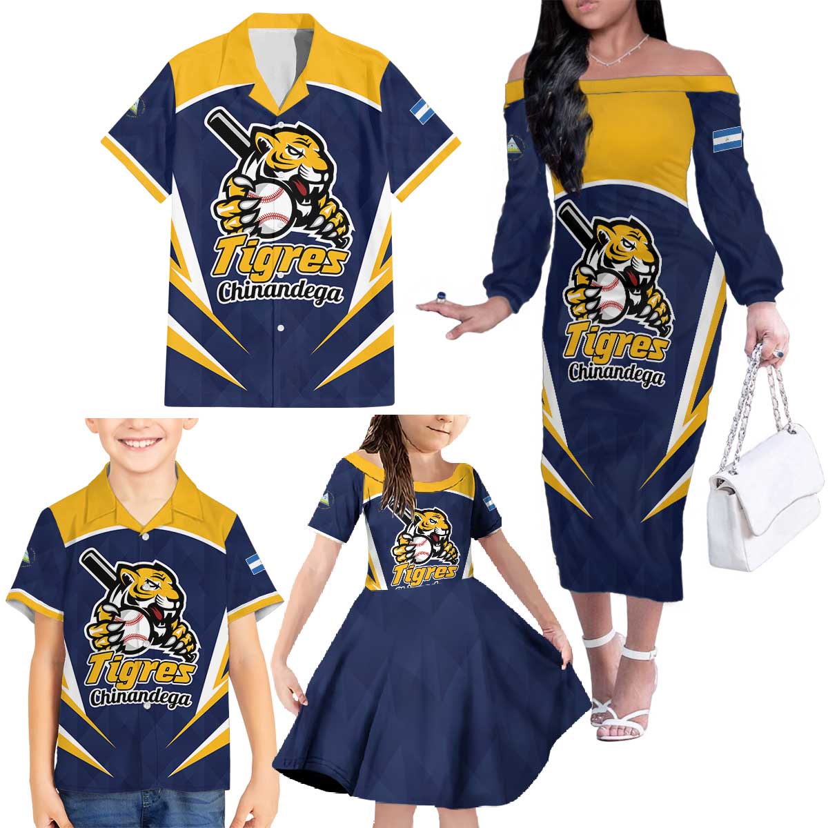 Custom Baseball Tigres Chinandega Family Matching Off The Shoulder Long Sleeve Dress and Hawaiian Shirt Go Nicaragua Boys