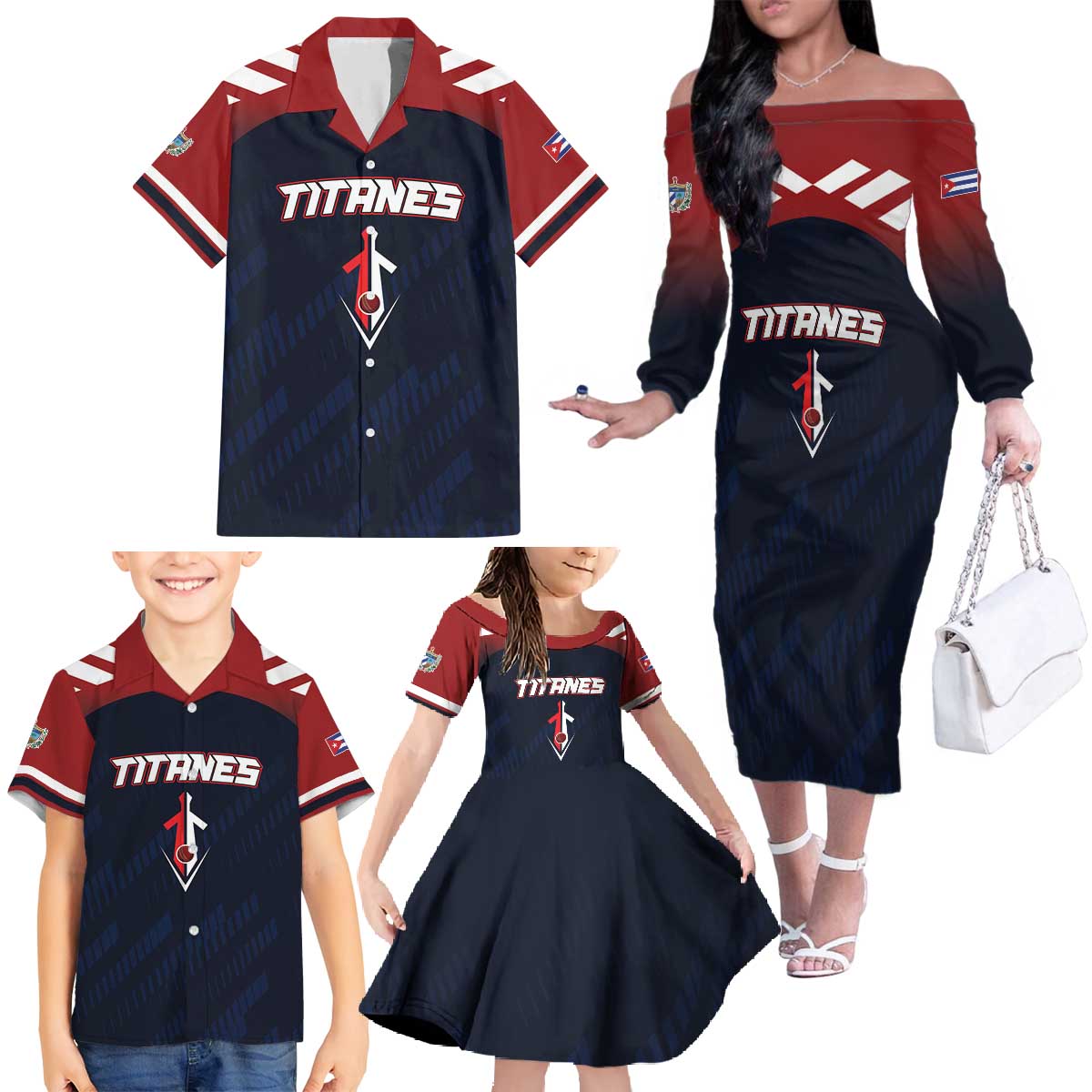 Custom Baseball Titanes Florida Family Matching Off The Shoulder Long Sleeve Dress and Hawaiian Shirt Puerto Rico Boys Come On