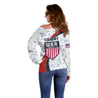 United States Soccer Off Shoulder Sweater USA Coat Of Arms Sporty Style - Wonder Print Shop