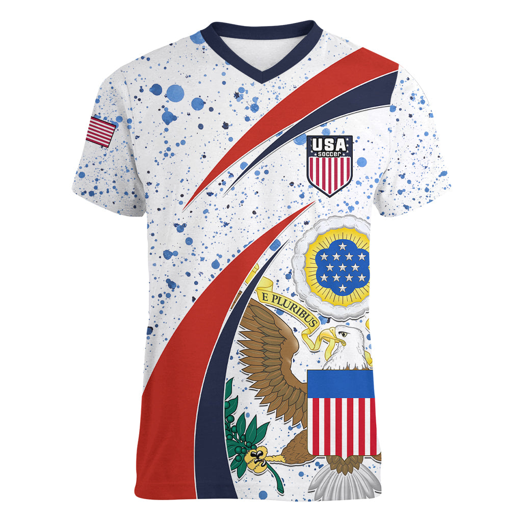 Personalised United States Soccer Women V Neck T Shirt USA Coat Of Arms Sporty Style - Wonder Print Shop