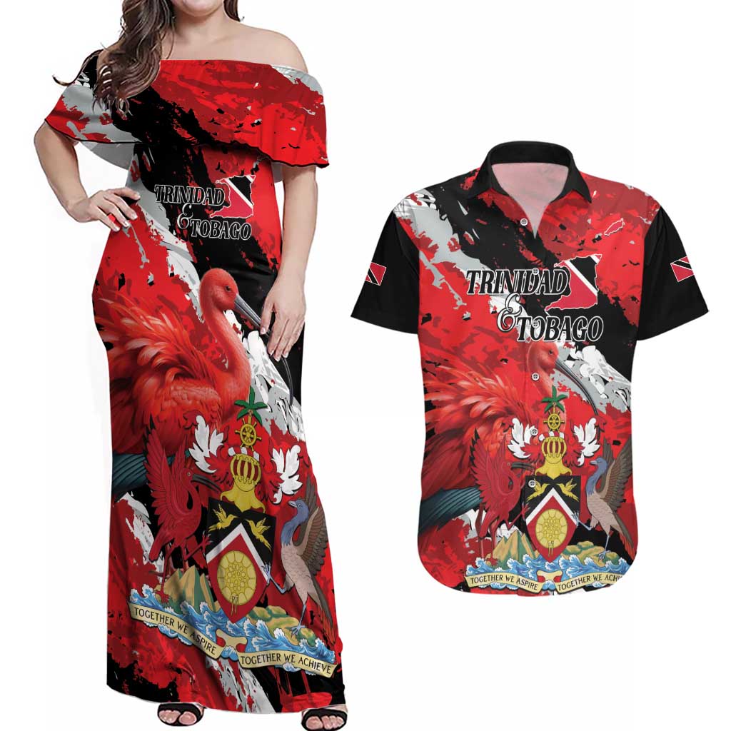 Personalized Trinidad And Tobago Scarlet Ibis Couples Matching Off Shoulder Maxi Dress and Hawaiian Shirt Special Stylized - Wonder Print Shop