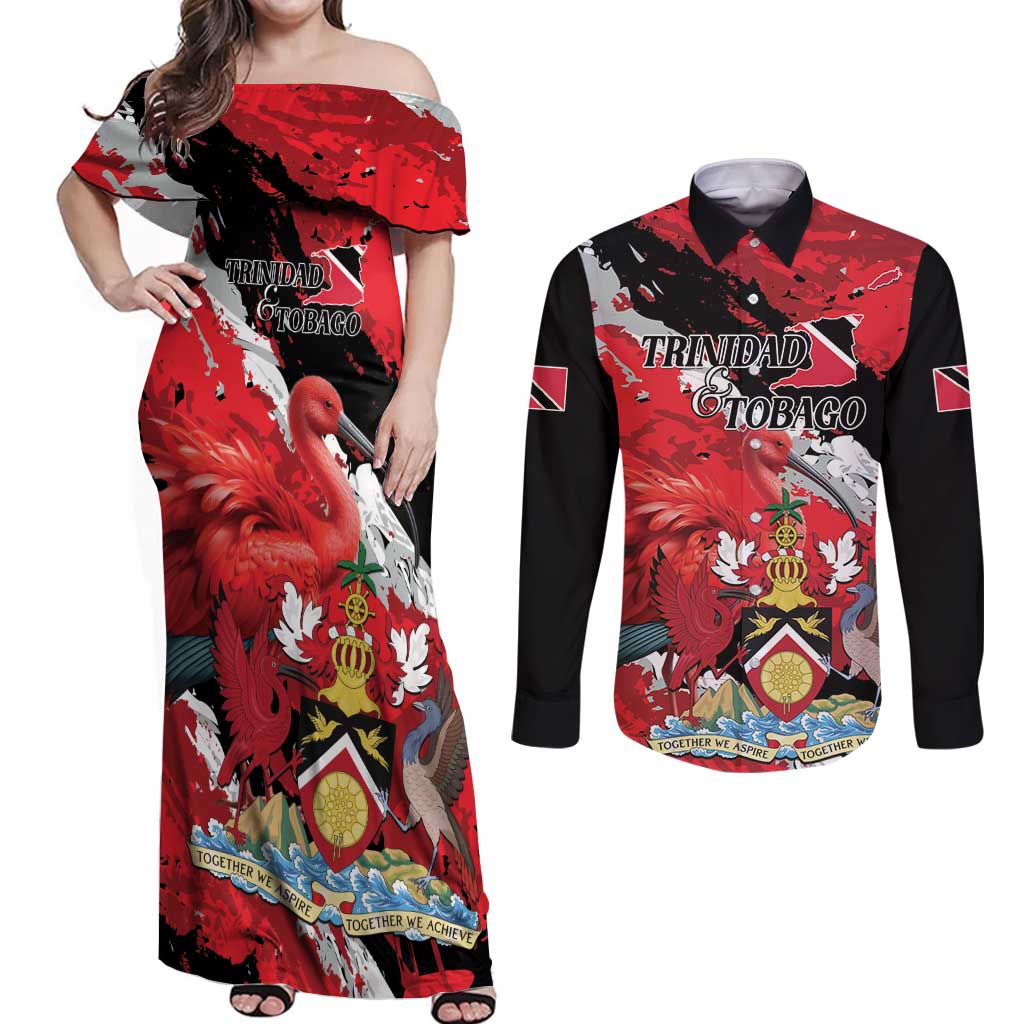 Personalized Trinidad And Tobago Scarlet Ibis Couples Matching Off Shoulder Maxi Dress and Long Sleeve Button Shirt Special Stylized - Wonder Print Shop