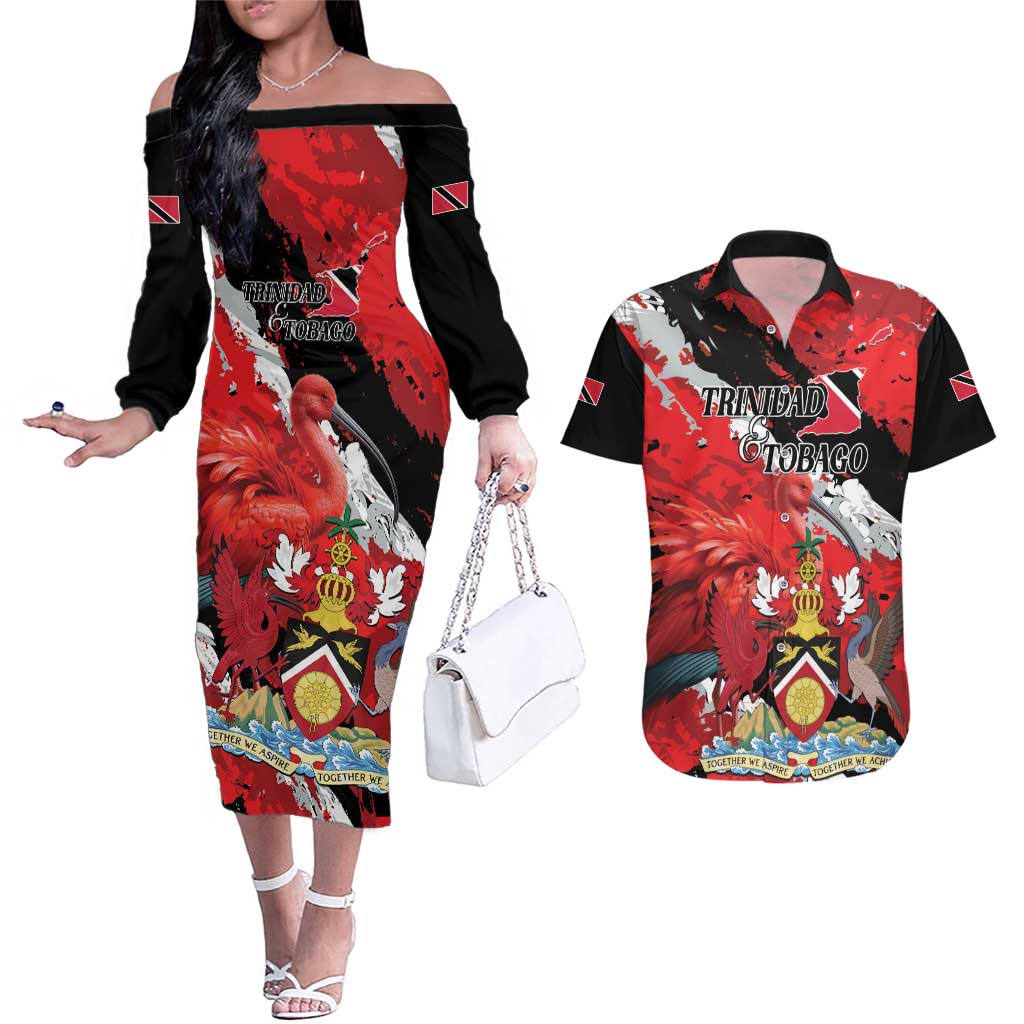 Personalized Trinidad And Tobago Scarlet Ibis Couples Matching Off The Shoulder Long Sleeve Dress and Hawaiian Shirt Special Stylized - Wonder Print Shop