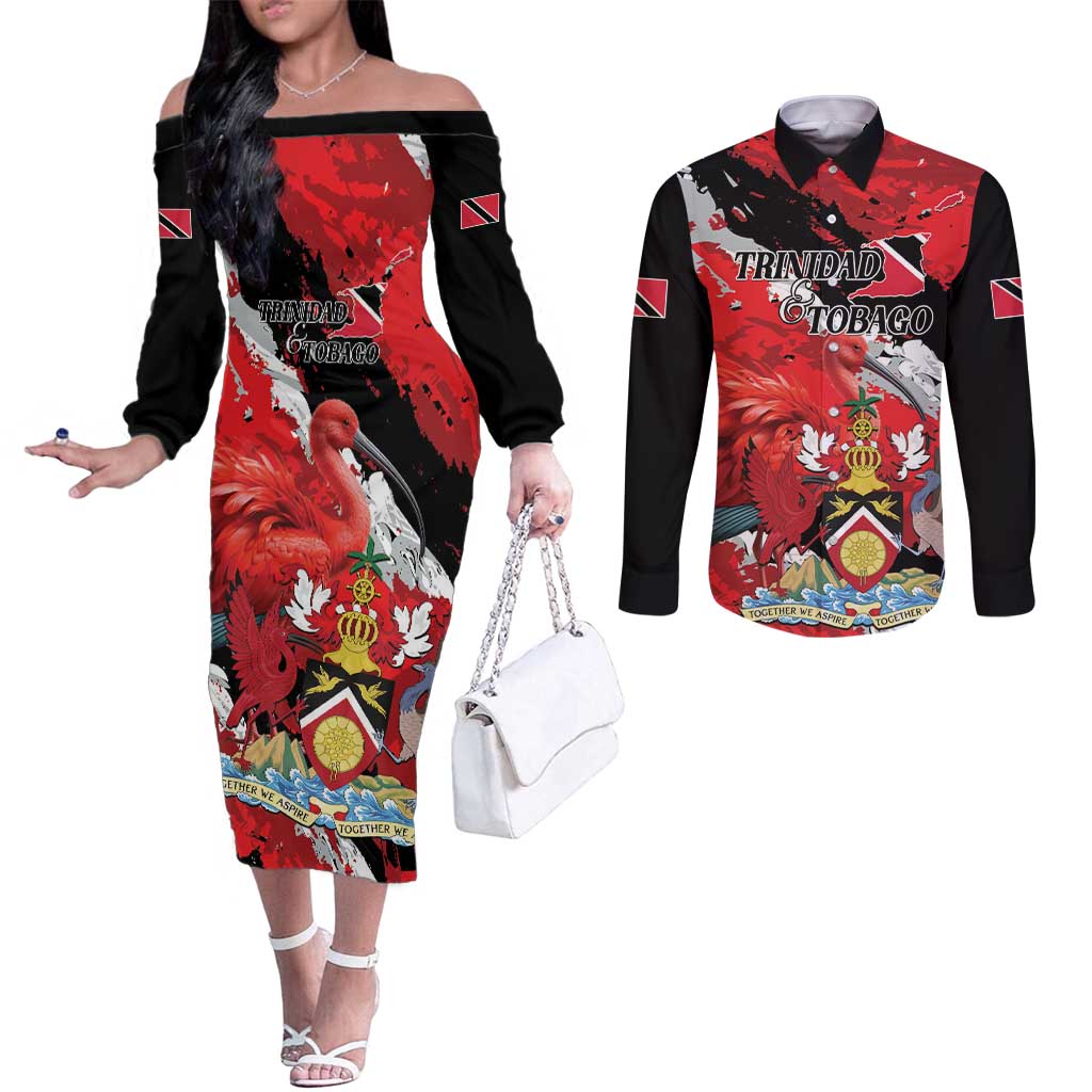 Personalized Trinidad And Tobago Scarlet Ibis Couples Matching Off The Shoulder Long Sleeve Dress and Long Sleeve Button Shirt Special Stylized - Wonder Print Shop
