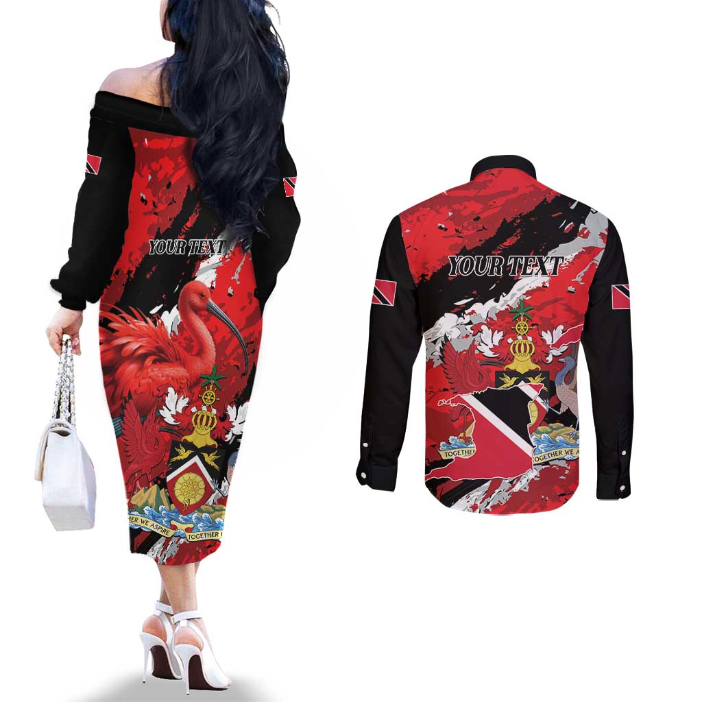 Personalized Trinidad And Tobago Scarlet Ibis Couples Matching Off The Shoulder Long Sleeve Dress and Long Sleeve Button Shirt Special Stylized - Wonder Print Shop