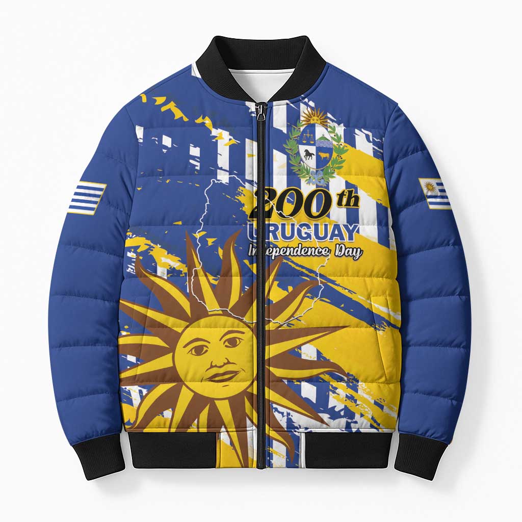 Personalized Uruguay 200th Independence Day Bomber Puffer Jacket Sol de Mayo Grunge Stylized - Wonder Print Shop