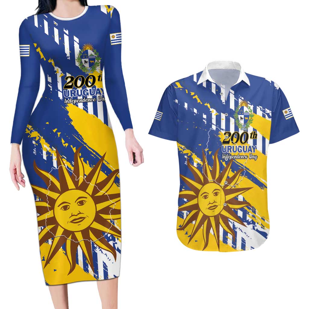 Personalized Uruguay 200th Independence Day Couples Matching Long Sleeve Bodycon Dress and Hawaiian Shirt Sol de Mayo Grunge Stylized - Wonder Print Shop