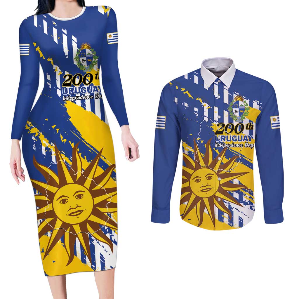 Personalized Uruguay 200th Independence Day Couples Matching Long Sleeve Bodycon Dress and Long Sleeve Button Shirt Sol de Mayo Grunge Stylized - Wonder Print Shop