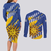 Personalized Uruguay 200th Independence Day Couples Matching Long Sleeve Bodycon Dress and Long Sleeve Button Shirt Sol de Mayo Grunge Stylized - Wonder Print Shop