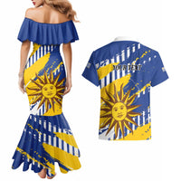 Personalized Uruguay 200th Independence Day Couples Matching Mermaid Dress and Hawaiian Shirt Sol de Mayo Grunge Stylized - Wonder Print Shop