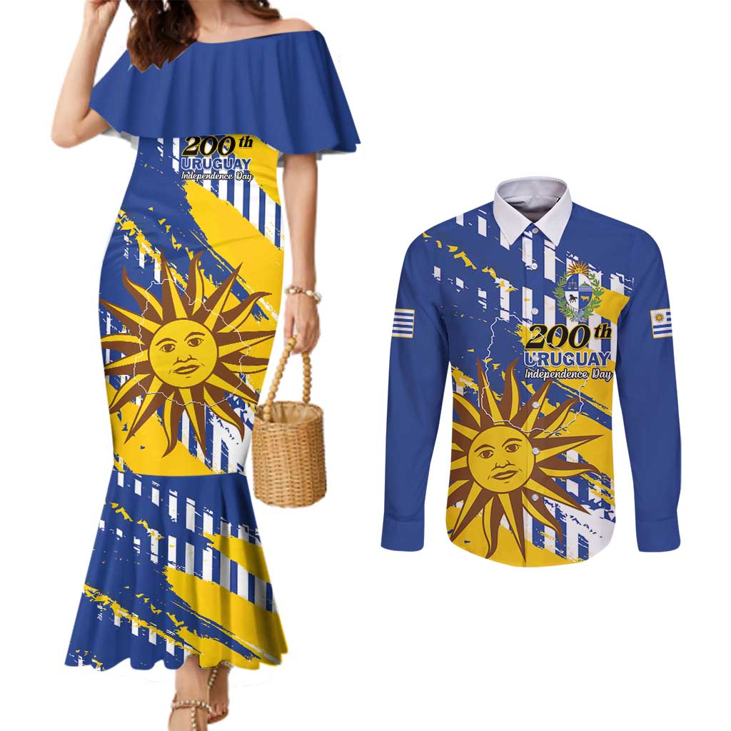 Personalized Uruguay 200th Independence Day Couples Matching Mermaid Dress and Long Sleeve Button Shirt Sol de Mayo Grunge Stylized - Wonder Print Shop