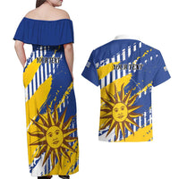 Personalized Uruguay 200th Independence Day Couples Matching Off Shoulder Maxi Dress and Hawaiian Shirt Sol de Mayo Grunge Stylized - Wonder Print Shop