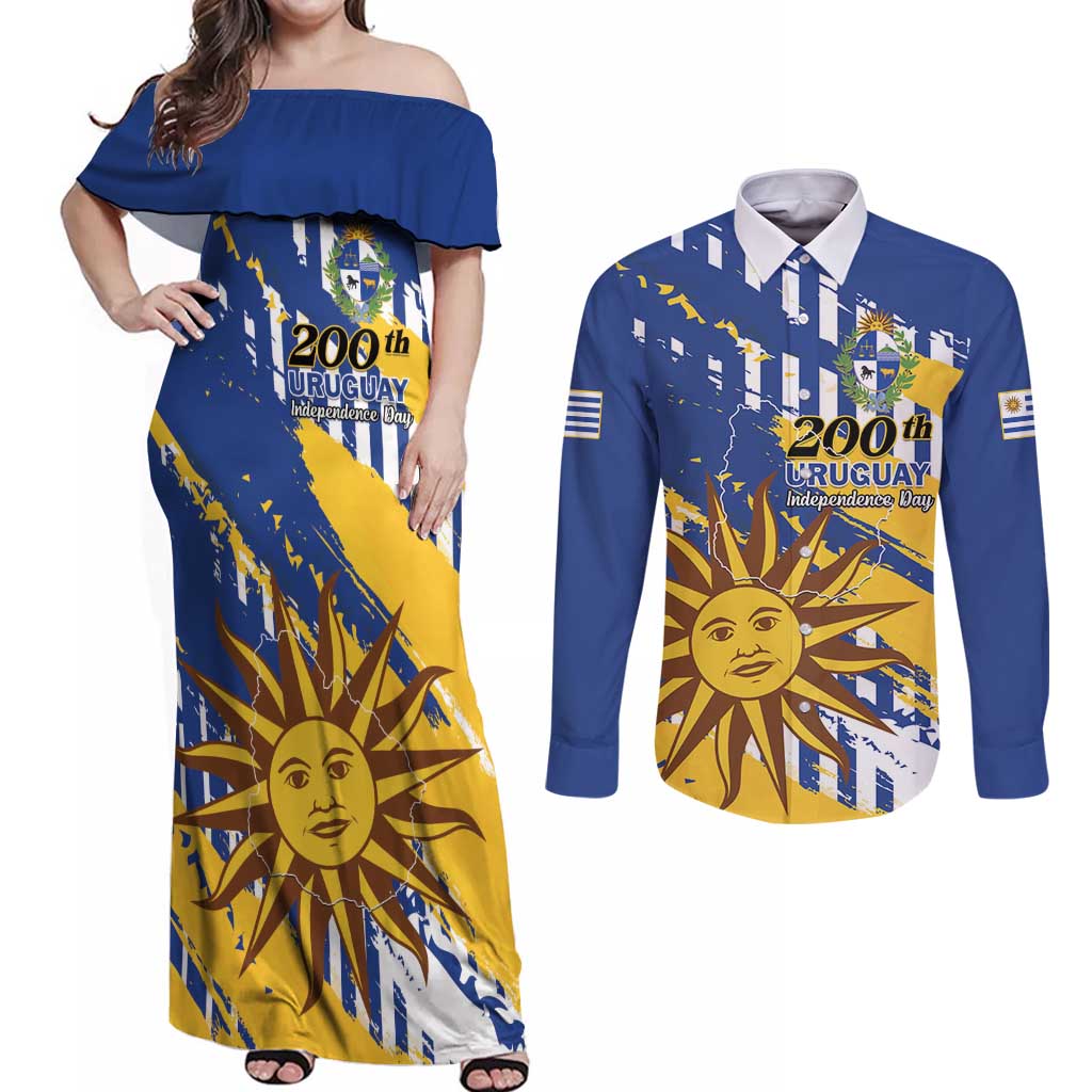 Personalized Uruguay 200th Independence Day Couples Matching Off Shoulder Maxi Dress and Long Sleeve Button Shirt Sol de Mayo Grunge Stylized - Wonder Print Shop