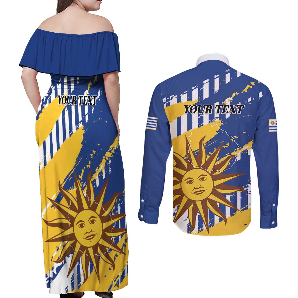 Personalized Uruguay 200th Independence Day Couples Matching Off Shoulder Maxi Dress and Long Sleeve Button Shirt Sol de Mayo Grunge Stylized - Wonder Print Shop
