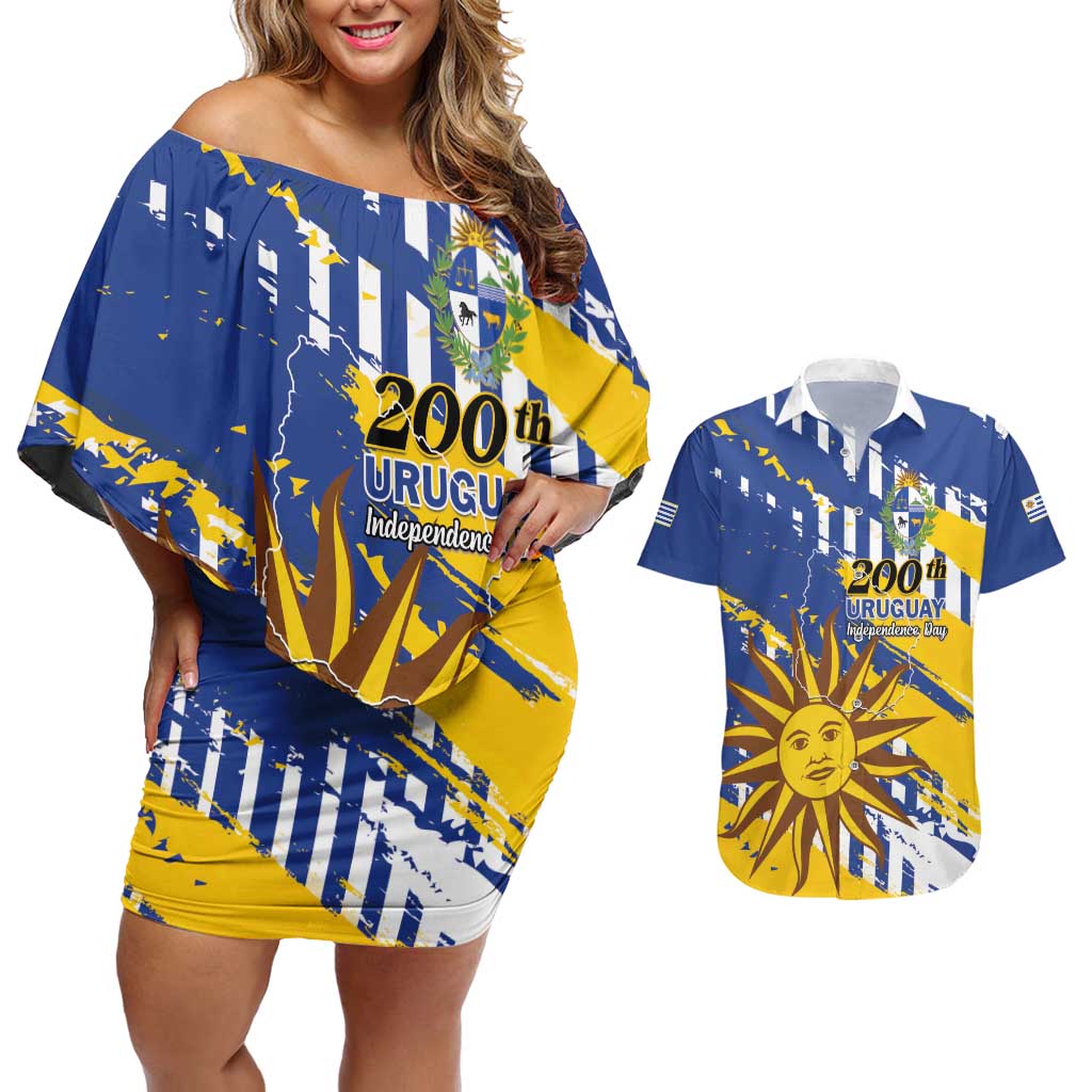Personalized Uruguay 200th Independence Day Couples Matching Off Shoulder Short Dress and Hawaiian Shirt Sol de Mayo Grunge Stylized - Wonder Print Shop