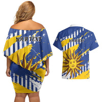 Personalized Uruguay 200th Independence Day Couples Matching Off Shoulder Short Dress and Hawaiian Shirt Sol de Mayo Grunge Stylized - Wonder Print Shop