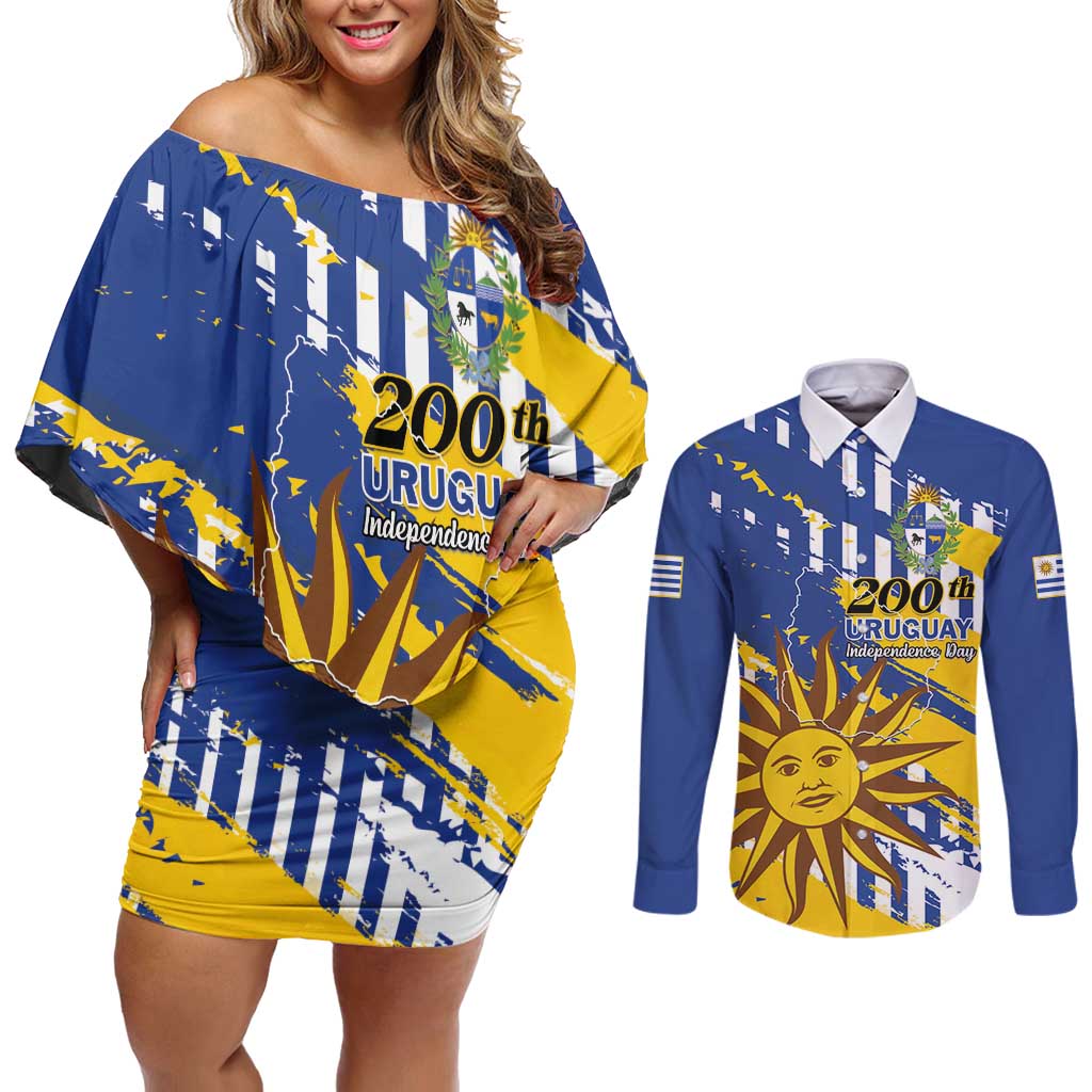 Personalized Uruguay 200th Independence Day Couples Matching Off Shoulder Short Dress and Long Sleeve Button Shirt Sol de Mayo Grunge Stylized - Wonder Print Shop