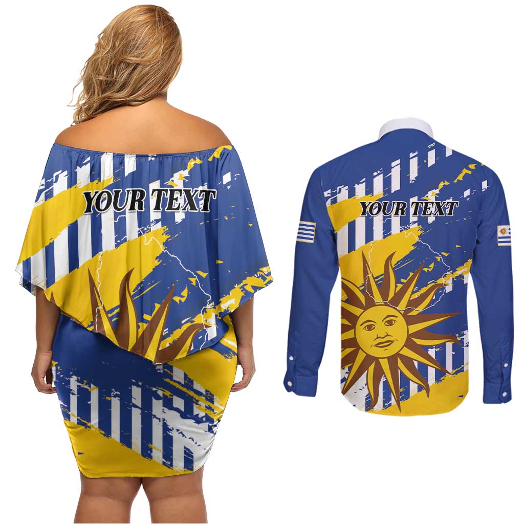 Personalized Uruguay 200th Independence Day Couples Matching Off Shoulder Short Dress and Long Sleeve Button Shirt Sol de Mayo Grunge Stylized - Wonder Print Shop