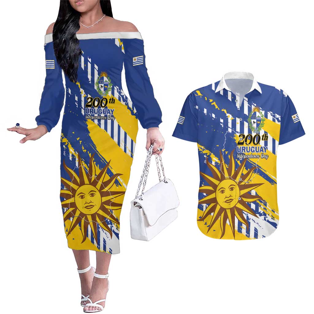 Personalized Uruguay 200th Independence Day Couples Matching Off The Shoulder Long Sleeve Dress and Hawaiian Shirt Sol de Mayo Grunge Stylized - Wonder Print Shop