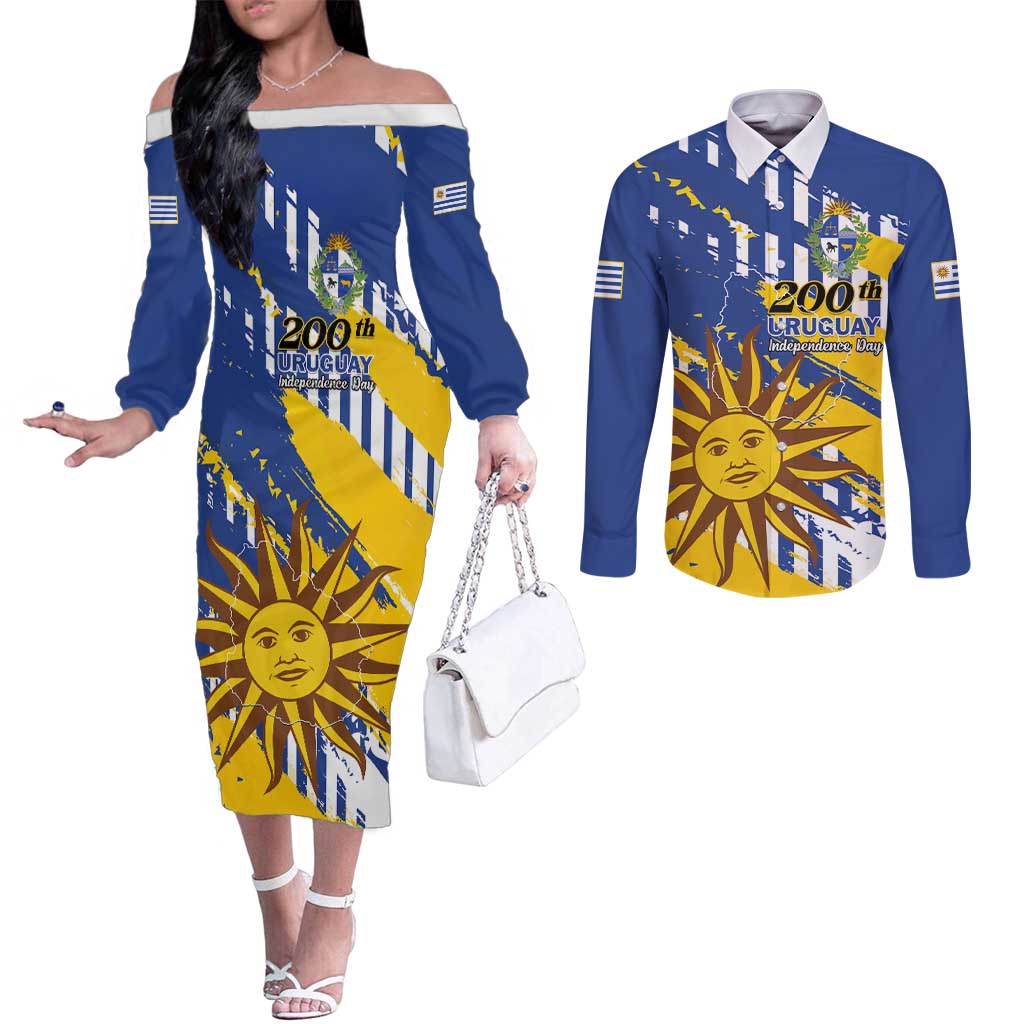 Personalized Uruguay 200th Independence Day Couples Matching Off The Shoulder Long Sleeve Dress and Long Sleeve Button Shirt Sol de Mayo Grunge Stylized - Wonder Print Shop