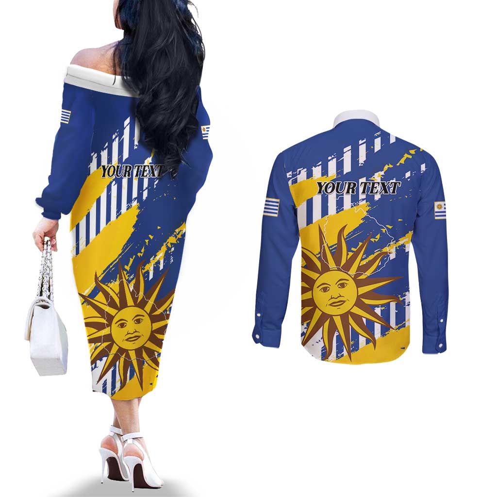 Personalized Uruguay 200th Independence Day Couples Matching Off The Shoulder Long Sleeve Dress and Long Sleeve Button Shirt Sol de Mayo Grunge Stylized - Wonder Print Shop