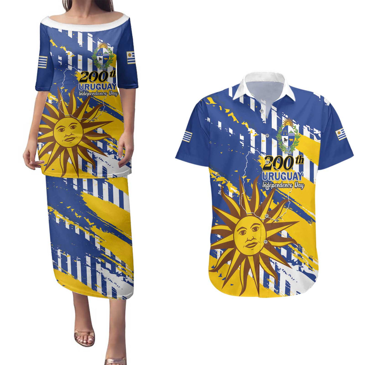 Personalized Uruguay 200th Independence Day Couples Matching Puletasi and Hawaiian Shirt Sol de Mayo Grunge Stylized - Wonder Print Shop