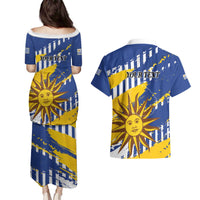 Personalized Uruguay 200th Independence Day Couples Matching Puletasi and Hawaiian Shirt Sol de Mayo Grunge Stylized - Wonder Print Shop