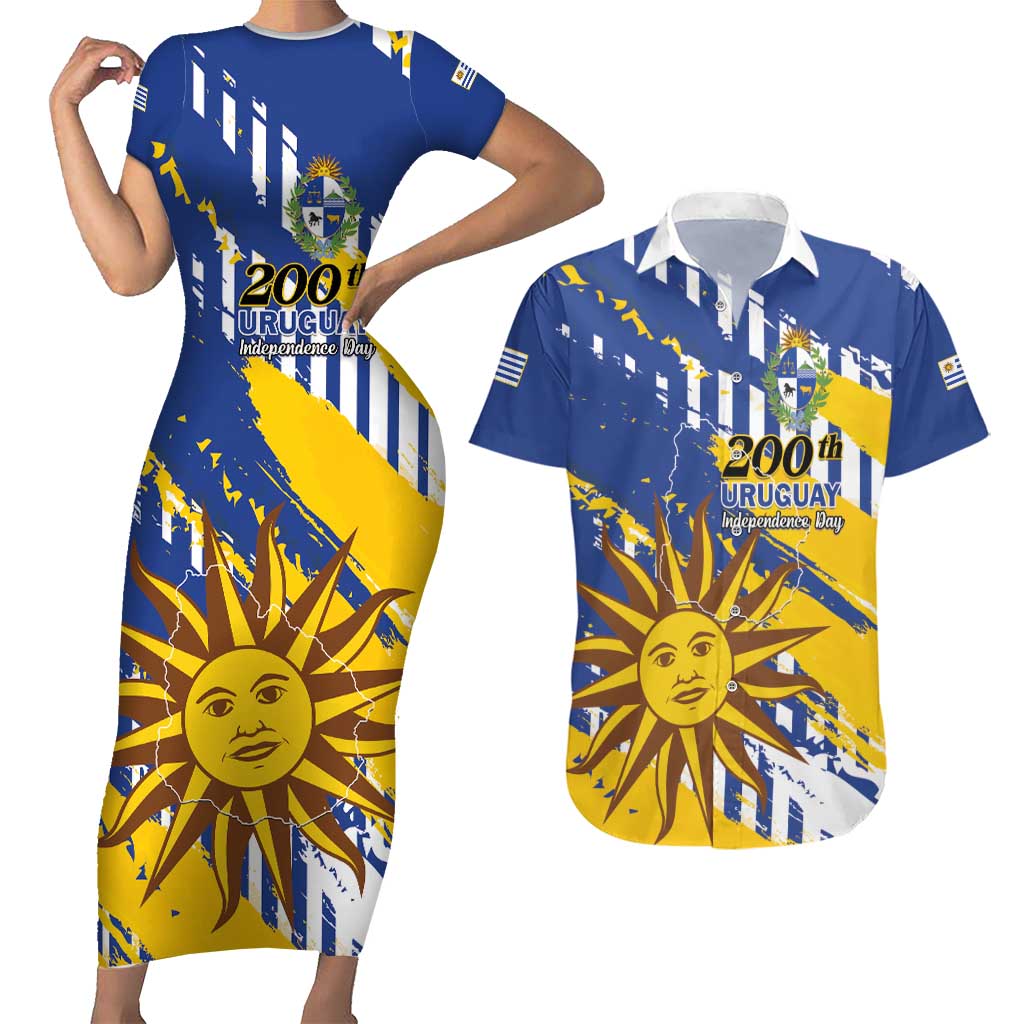 Personalized Uruguay 200th Independence Day Couples Matching Short Sleeve Bodycon Dress and Hawaiian Shirt Sol de Mayo Grunge Stylized - Wonder Print Shop