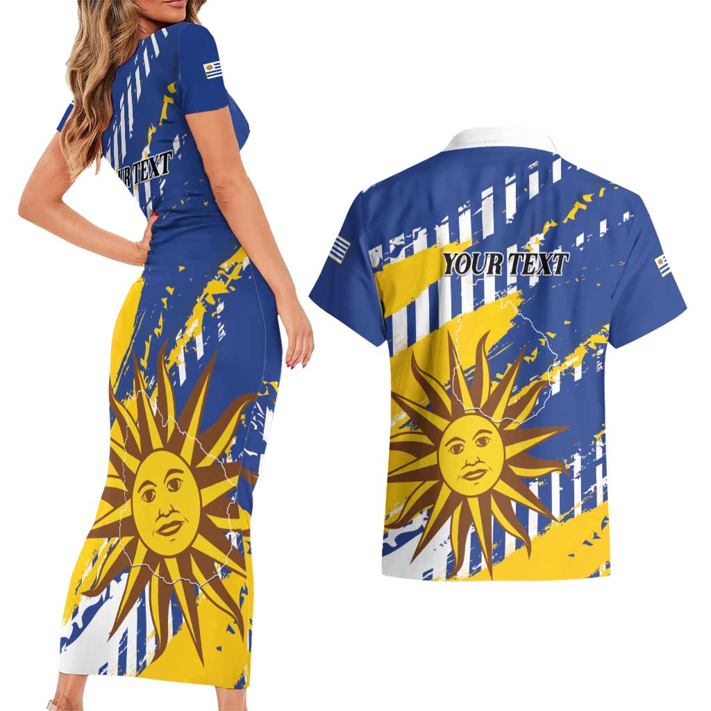 Personalized Uruguay 200th Independence Day Couples Matching Short Sleeve Bodycon Dress and Hawaiian Shirt Sol de Mayo Grunge Stylized - Wonder Print Shop