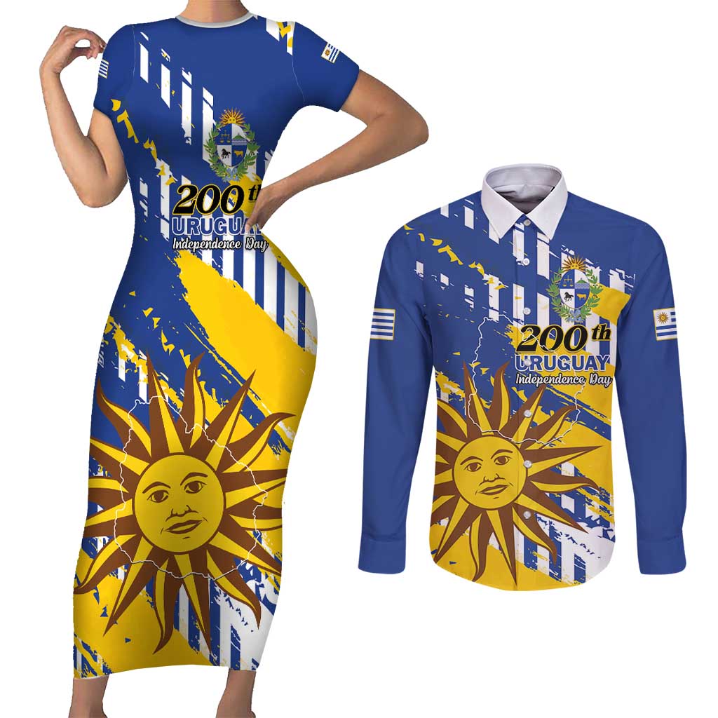 Personalized Uruguay 200th Independence Day Couples Matching Short Sleeve Bodycon Dress and Long Sleeve Button Shirt Sol de Mayo Grunge Stylized - Wonder Print Shop