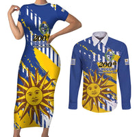 Personalized Uruguay 200th Independence Day Couples Matching Short Sleeve Bodycon Dress and Long Sleeve Button Shirt Sol de Mayo Grunge Stylized - Wonder Print Shop