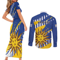 Personalized Uruguay 200th Independence Day Couples Matching Short Sleeve Bodycon Dress and Long Sleeve Button Shirt Sol de Mayo Grunge Stylized - Wonder Print Shop