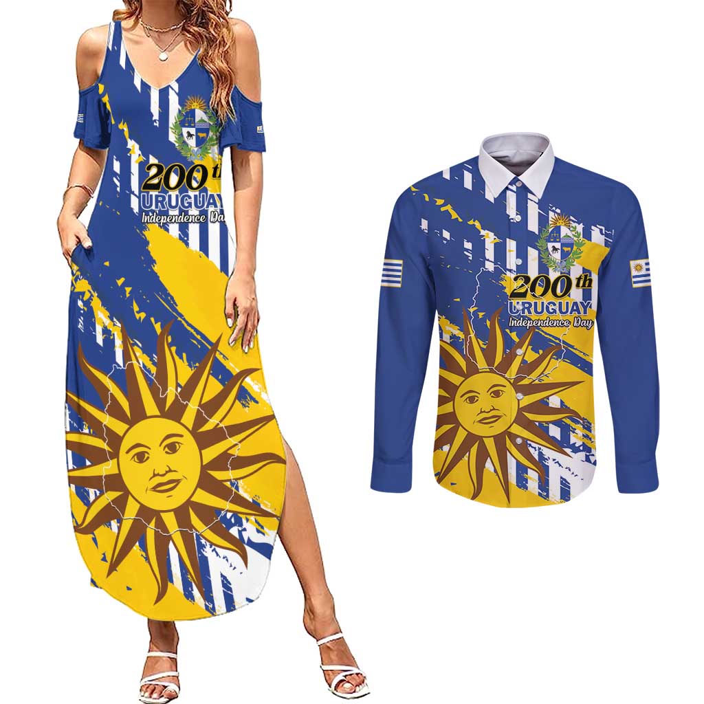 Personalized Uruguay 200th Independence Day Couples Matching Summer Maxi Dress and Long Sleeve Button Shirt Sol de Mayo Grunge Stylized - Wonder Print Shop