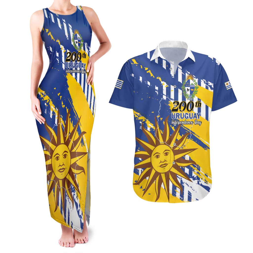 Personalized Uruguay 200th Independence Day Couples Matching Tank Maxi Dress and Hawaiian Shirt Sol de Mayo Grunge Stylized - Wonder Print Shop