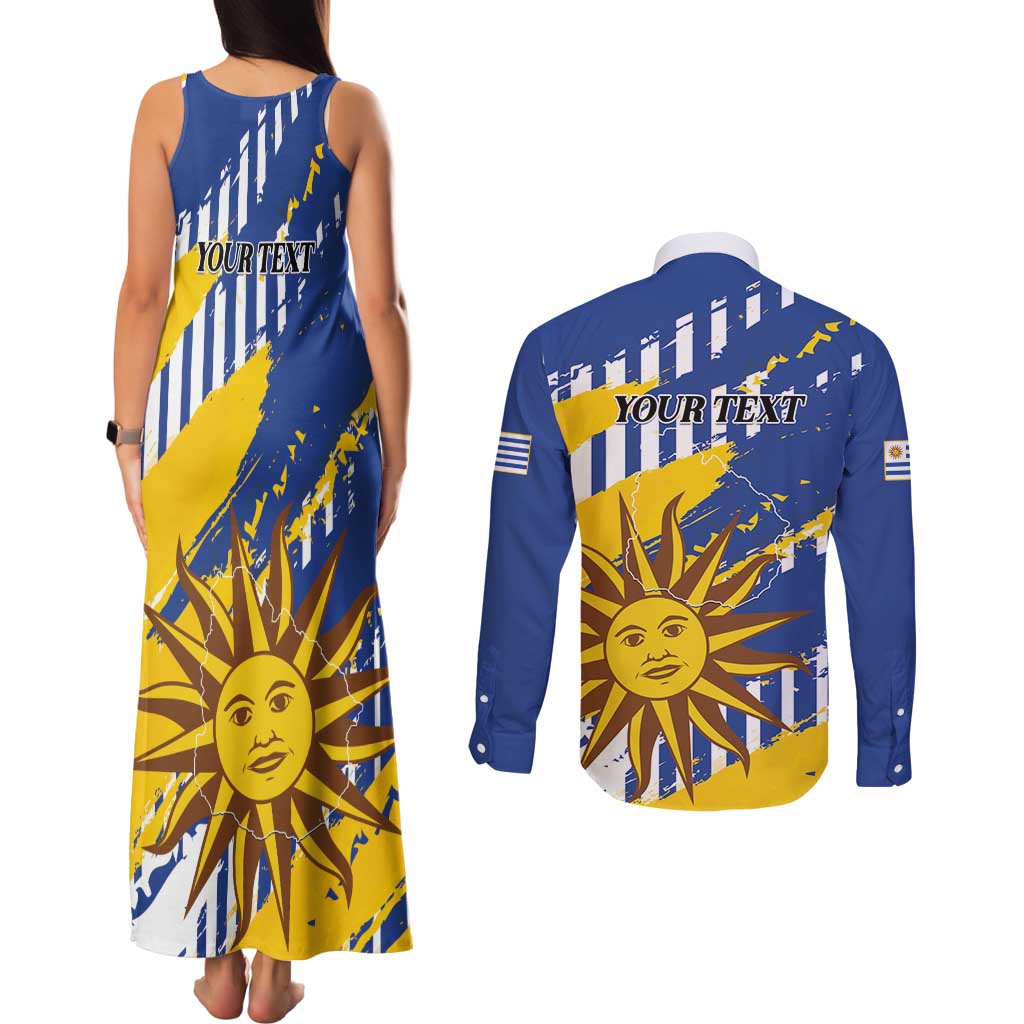 Personalized Uruguay 200th Independence Day Couples Matching Tank Maxi Dress and Long Sleeve Button Shirt Sol de Mayo Grunge Stylized - Wonder Print Shop
